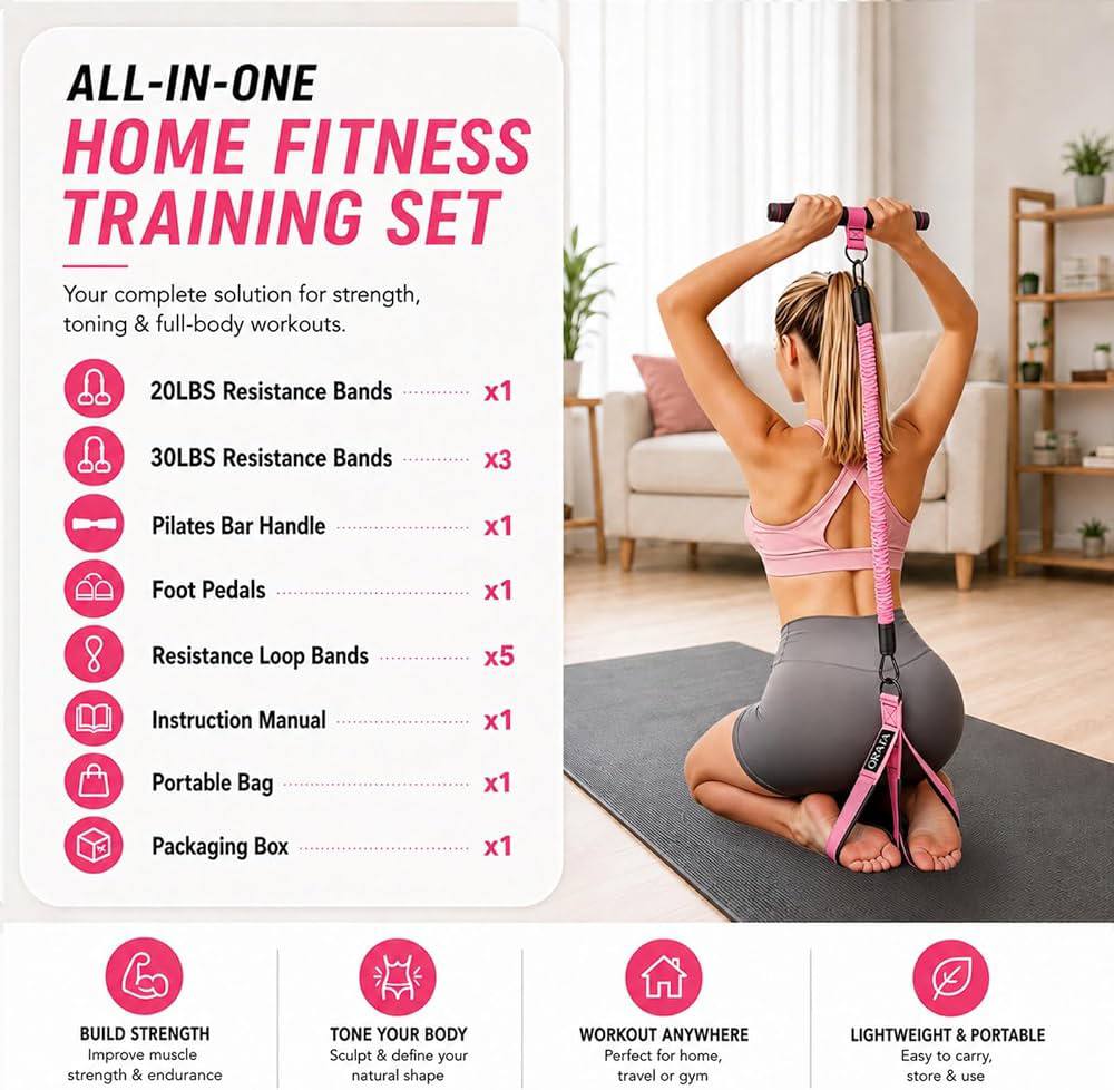 ORATA pink and black resistance band set with handles and pedals