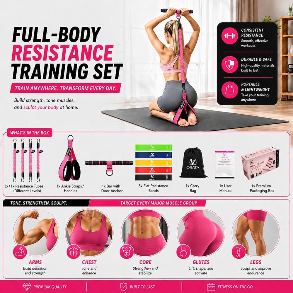 Full-body resistance training set with bands, Pilates bar, and accessories